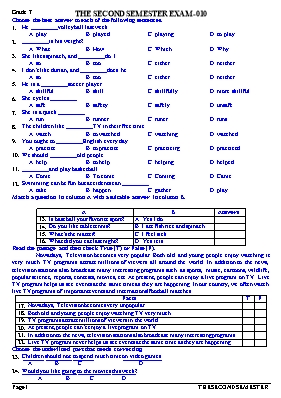Đề kiểm tra 45 phút lần 2 học kỳ 2 môn Tiếng Anh Lớp 7